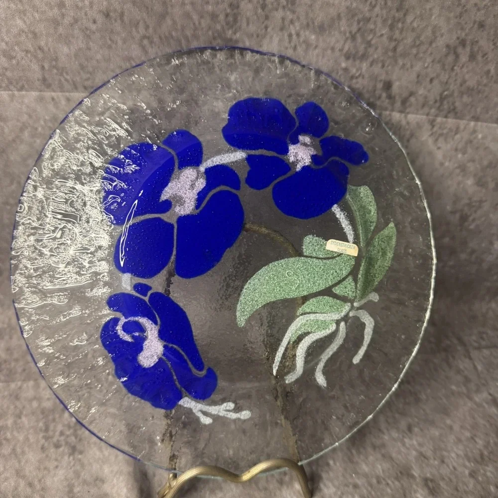 Sydenstricker Art Fused Glass Round Clear Plate Blue Orchids